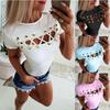 Elegant Sexy Ladies Women's Short Sleeve Cross Lace Up Bodycon Blouse Tops Slim T-shirt