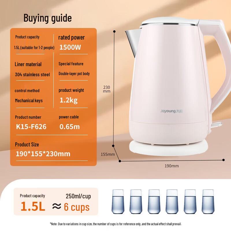Joyoung K15-F626 Электрический чайник 1,5 л Штепсель CN (адаптер в комплекте)