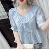 Summer French V-neck Ruffle Bubble Short-sleeved Shirt Women's Peplum Fashion Temperament Blouse Pleated Solid Colour Casual T-shirts