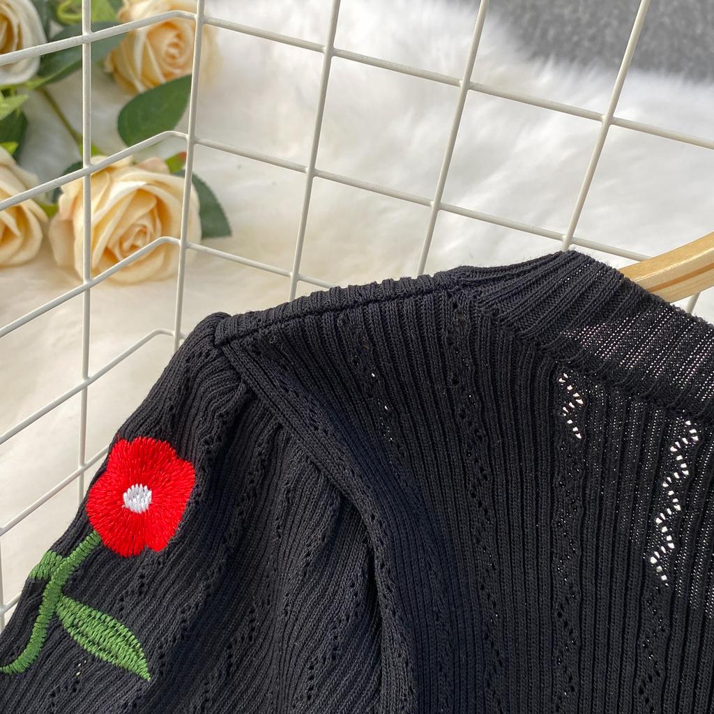 Летние женские винтажные пышные рукава с вышитыми розами для офиса, вязаные свитера, облегающие платья-футляры