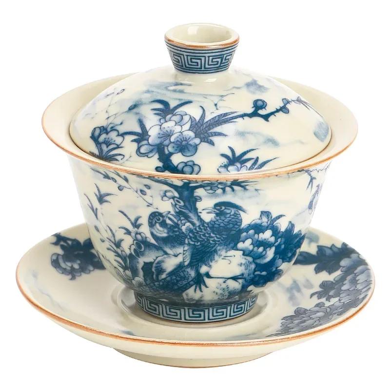 Птицы Жу Яо Фарфор Гайвань Набор Для Чайной Супницы Чайная Посуда Чашка Китайские Голубые Пиалы Чаван Набор Для Чайной Церемонии Дэн'С