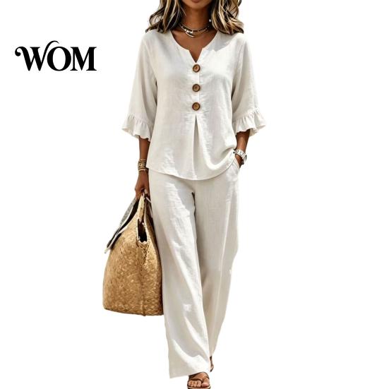 V-neck Blouse with Buttons Summer 2 Piece Sets for Women, Casual Ruffle 3/4 Sleeve V Comfortable Daily Wear Pants Neck Top And Wide Leg Matching Set,