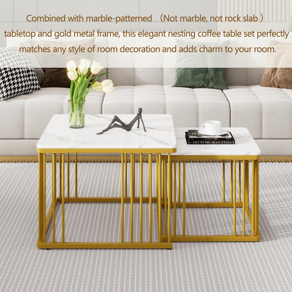 2-Piece Set of Square High-Gloss Marble-Look Coffee Tables, Nesting Tables with Golden Legs, 60*60*45cm and 45*45*40cm, Versatile