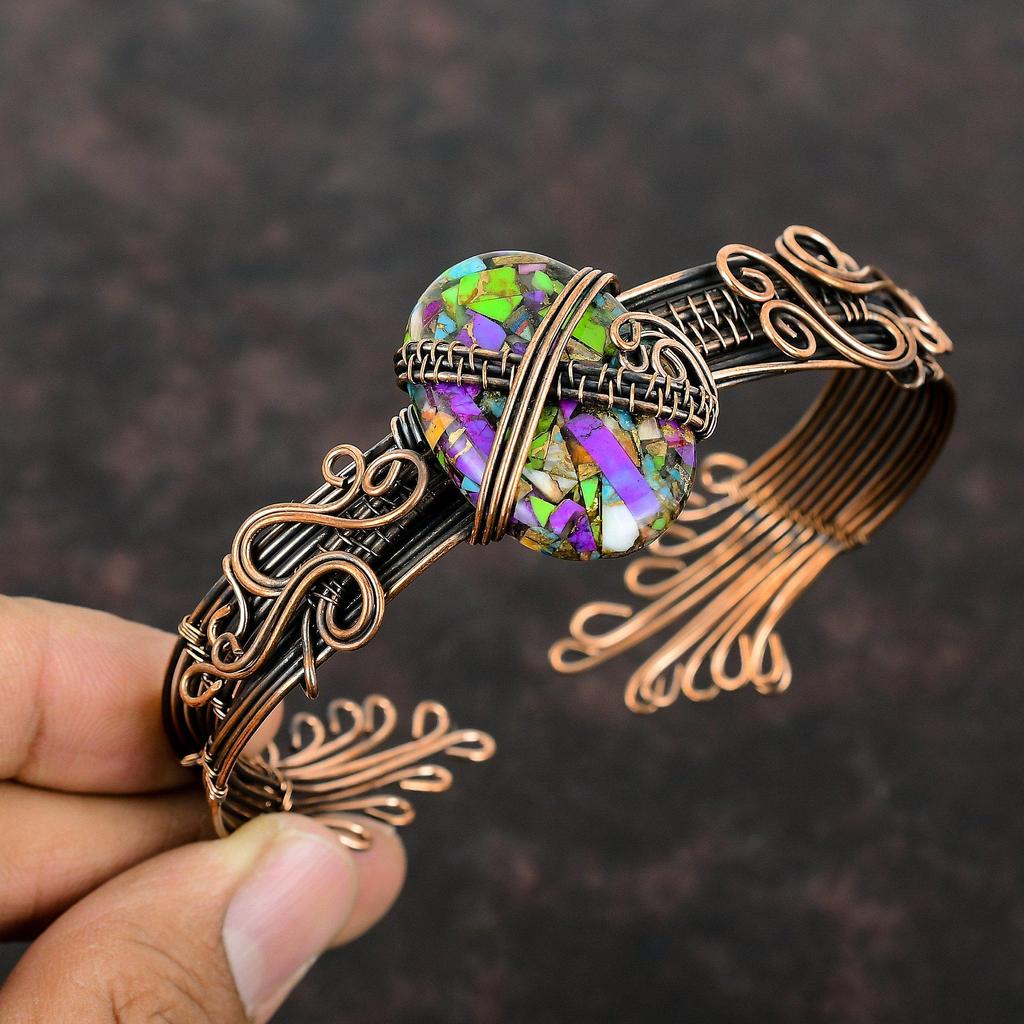 Fiesta Kingman Бирюзовый браслет Медная проволока Обернутый браслет Мультимедный бирюзовый браслет-манжета Регулируемый браслет Ювелирные изделия с медными драгоценными камнями