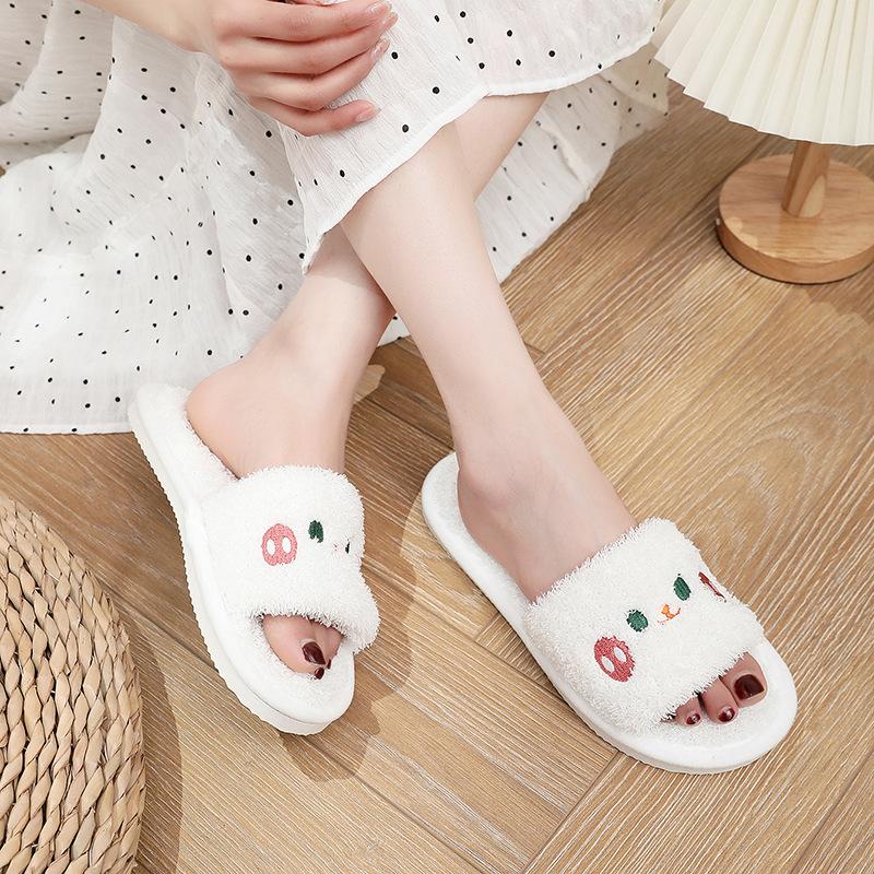 Cute Embroidered Cat Opening Simple Bedroom Non-slip Open-toed Couple Fluffy Slippers