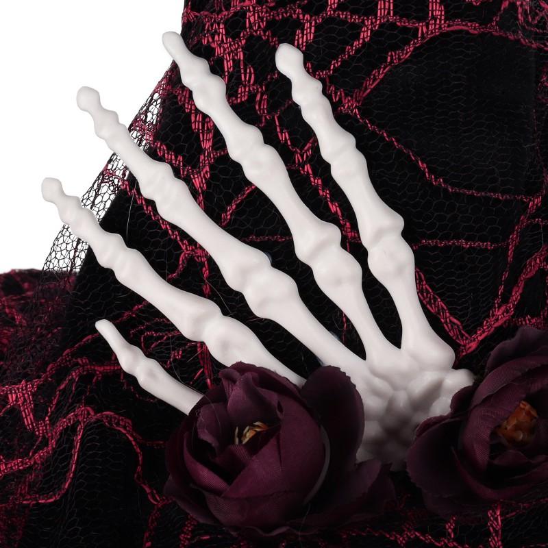 Vintage Witch Hat With Veil Skull Hand Decor Halloween Party Cosplay Costume Accessory