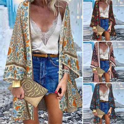 Женский кардиган с цветочным принтом, рукавом «летучая мышь», летняя богемная защита от солнца, длинная блузка для повседневной носки