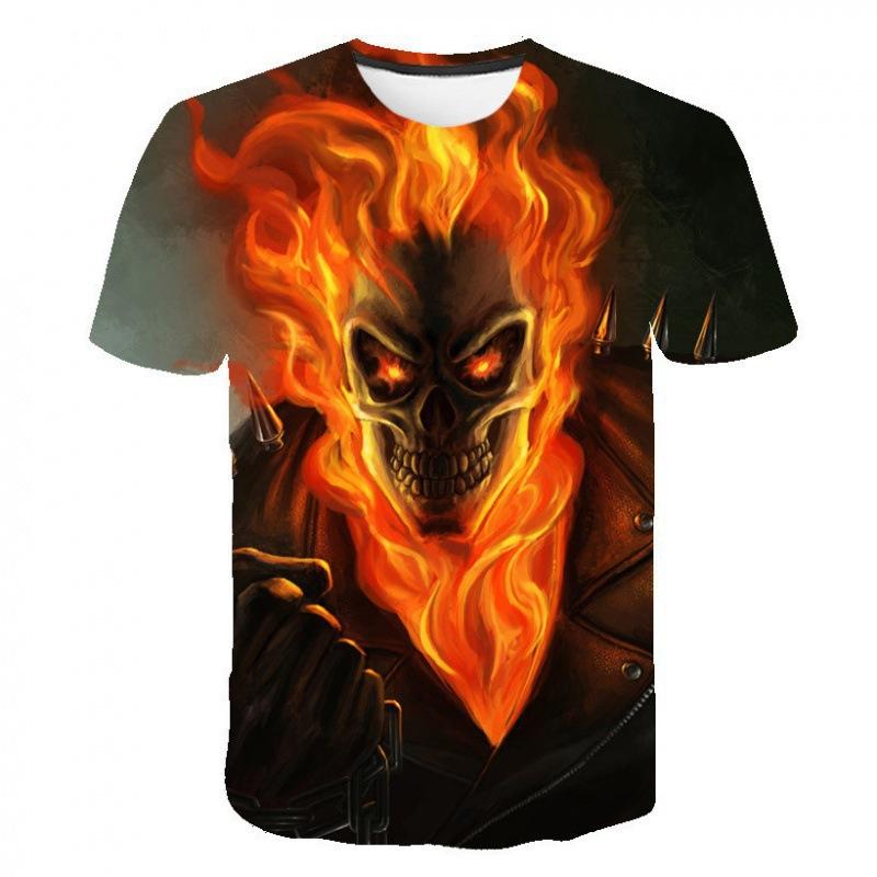 Evil Knight Skull Printed Short Sleeved T-shirt with Flame Pattern Skull Personalized Clothes for Men