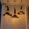 Patio Hanging Ornament Light Up Witch Hat Lamp, Glowing Halloween with Twinkling Whimsical Decorations Stars Moon, Indoor Outdoor Porch Window Decor,