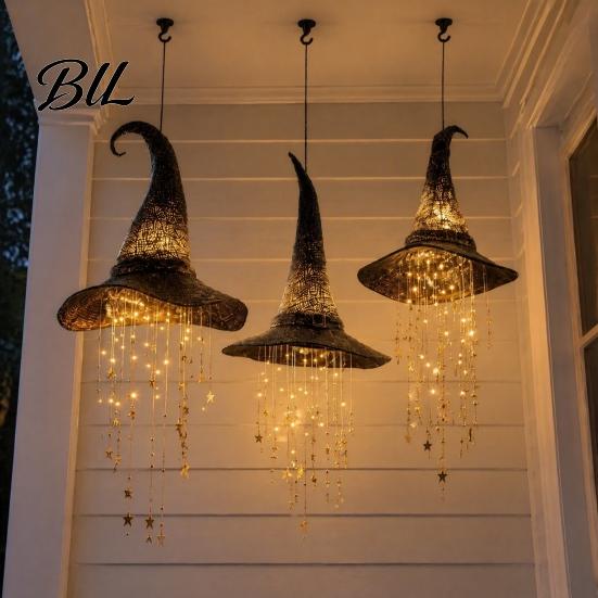 Patio Hanging Ornament Light Up Witch Hat Lamp, Glowing Halloween with Twinkling Whimsical Decorations Stars Moon, Indoor Outdoor Porch Window Decor,