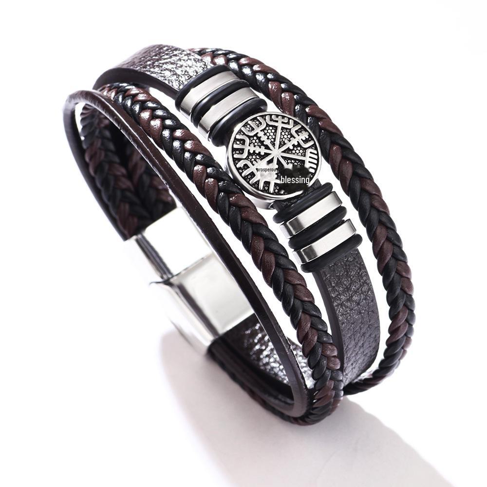 Multi-layer Punk Style Braided Leather Bracelet with Compass