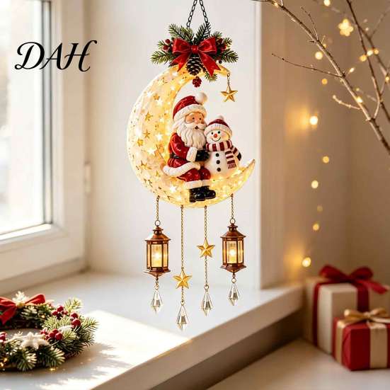 Santa Claus Moon Decor Christmas Hanging Lamp, Iron LED Lighted Ornament, Holiday Ornaments Glowing Atmosphere Light for Wall Window Porch Seasonal
