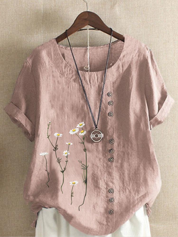 Cotton and Linen Printed T Shirt Tops Women's Summer Loose T Shirt Shirts