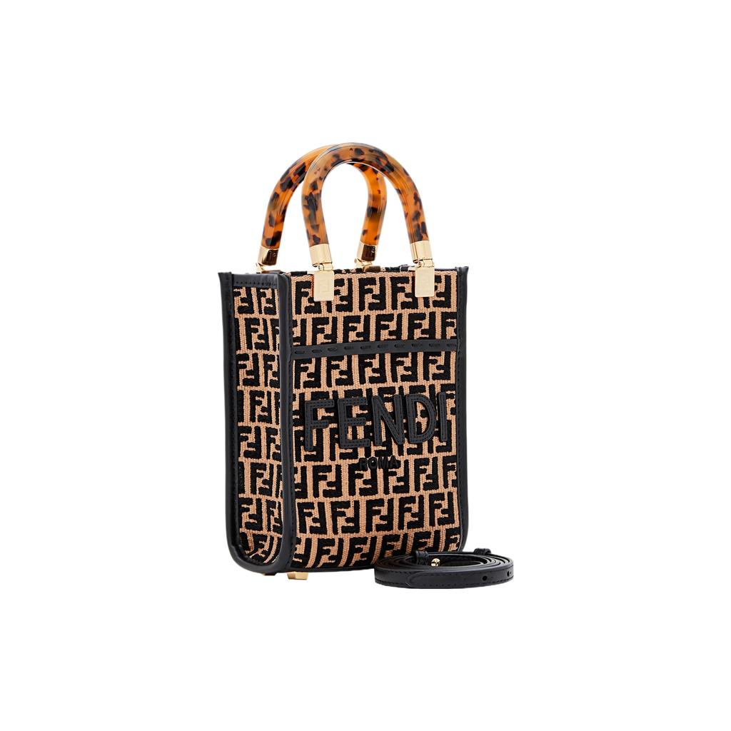 Fendi Солнечный узор FF Вышитая Черепаховый эффект Жесткая ручка Логотип Сумка-тоут Женская сумка-тоут Черный Бежевый 8BS051AQ0XF0VPJ