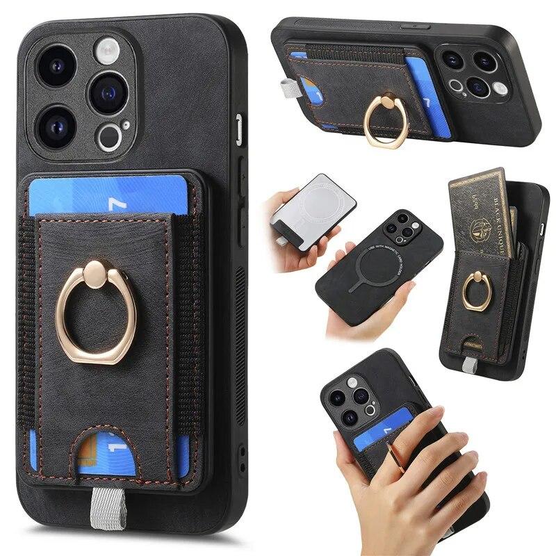 Wireless Ring Leather Wallet Phone Case for iPhone 15 Pro Max 14 Plus 13 12 11 for Samsung Galaxy S24 Ultra S23 S22 S21 FE A35 A15 A05 A54 A34 Cover