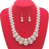 Trendy Retro Double Layer Large Pearl Crystal Rhinestone Necklace Earrings Set Silver Geometric Style Religious Women Wedding