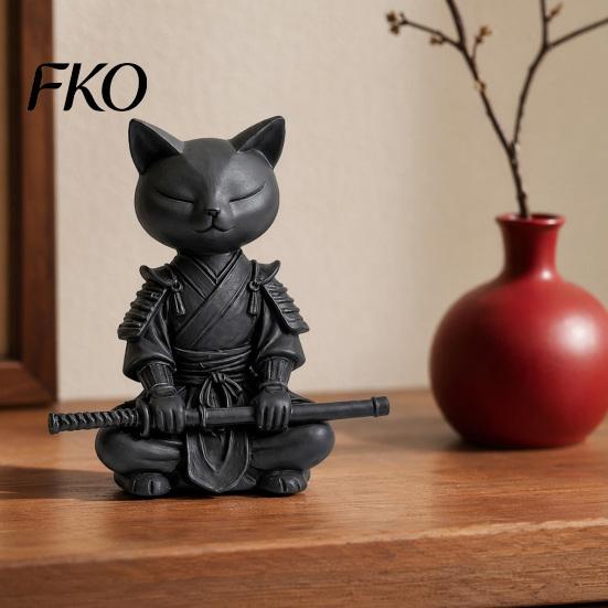 Cat Themed Home Decor 3D Printed Knight Figurine, Meditating Desk with Zen Warrior Pose, Shape Decoration Minimalist Frosted Animal Sculpture