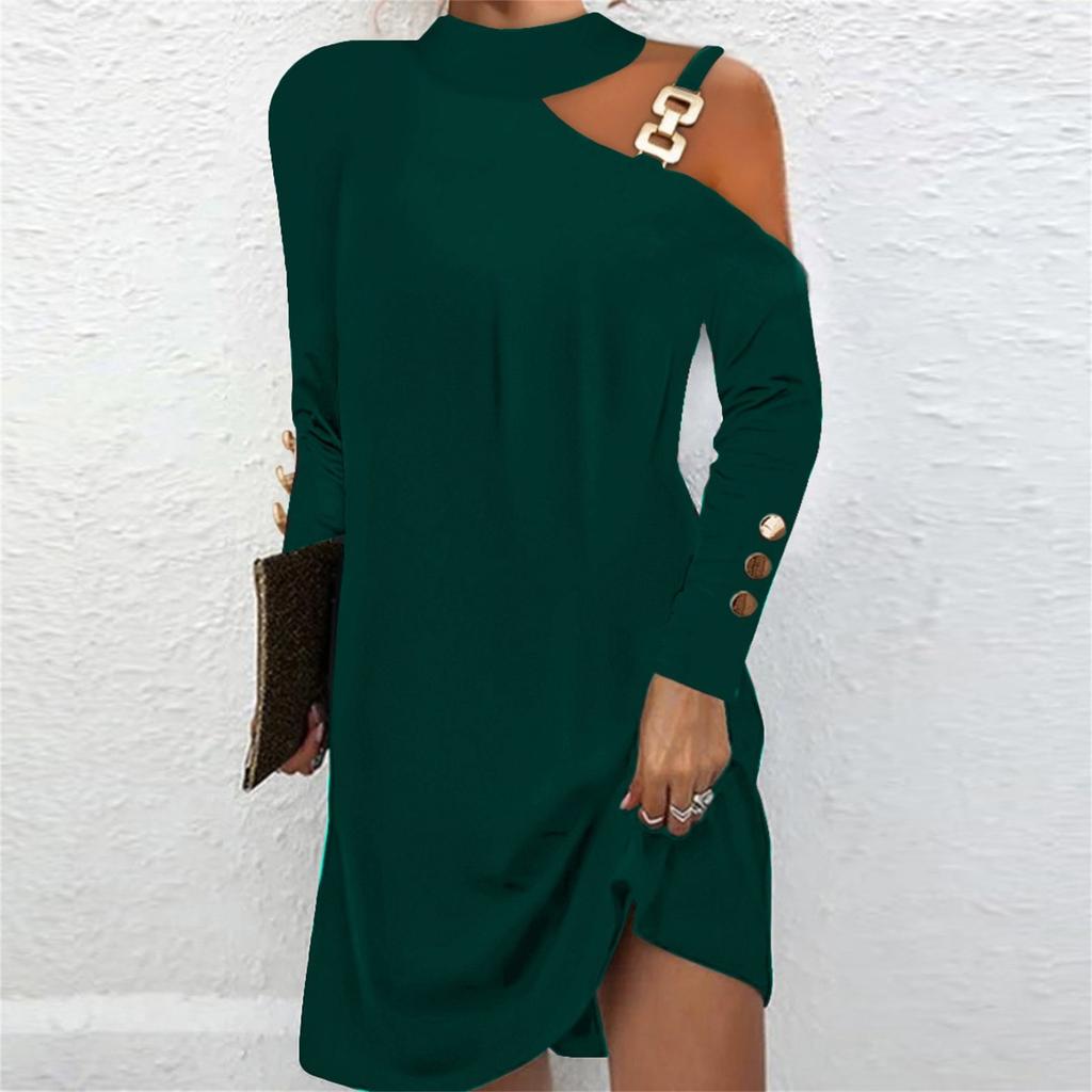 Женское повседневное однотонное облегающее платье с круглым вырезом и открытыми плечами, длинными рукавами