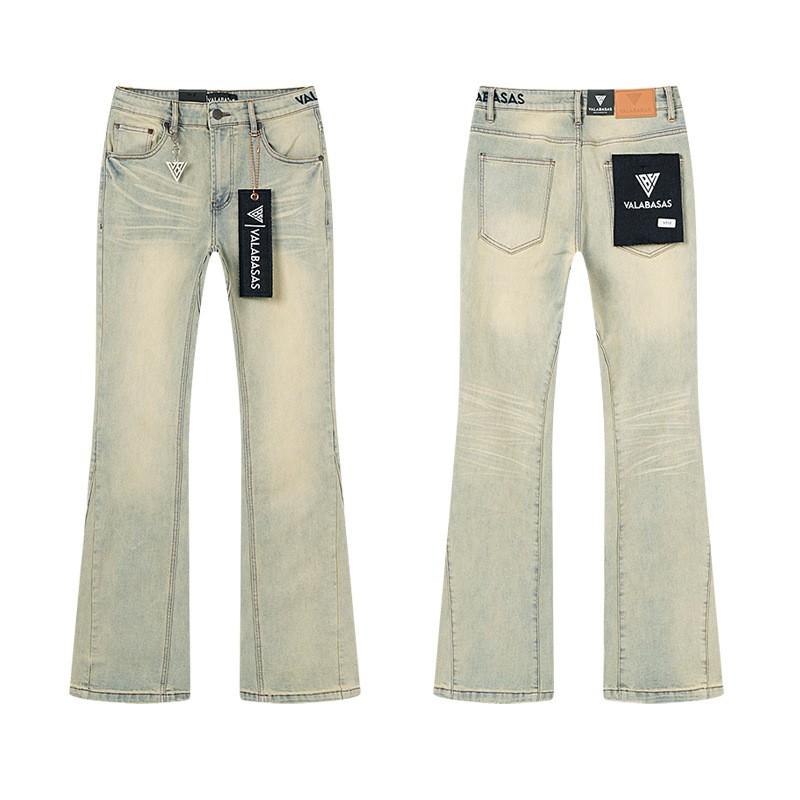 Distressed Washed Denim Jeans Men Slim Fit Flared Leg Embroidery Rhinestone Vintage Streetwear
