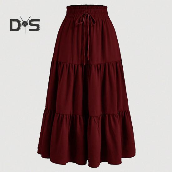 Женская юбка в стиле бохо, эластичная, с высокой талией, регулируемая, с завязками на талии, однотонная, А-силуэт, летняя юбка