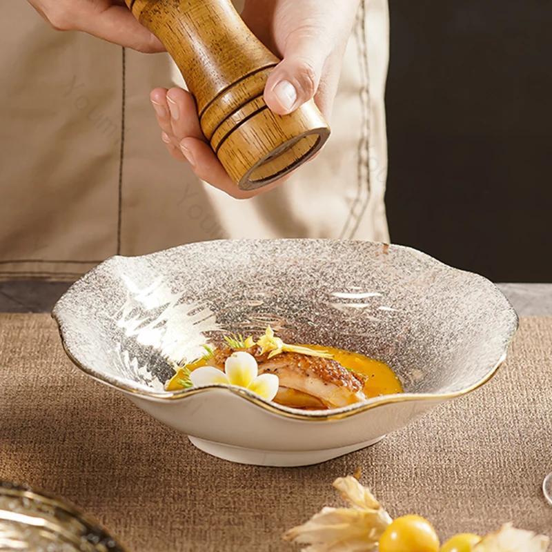 Творческие керамические миски в форме листьев лотоса, легкие, роскошные, ресторанные, салатницы, десертные, ретро, изысканные, фруктовые тарелки, бытовая посуда