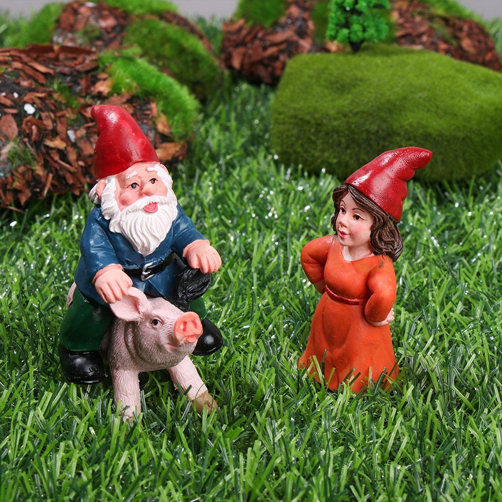 Landscape Female Goblin Statue Miniature Dwarf Figurine Fairy Garden Decorations Riding Pig Gnome