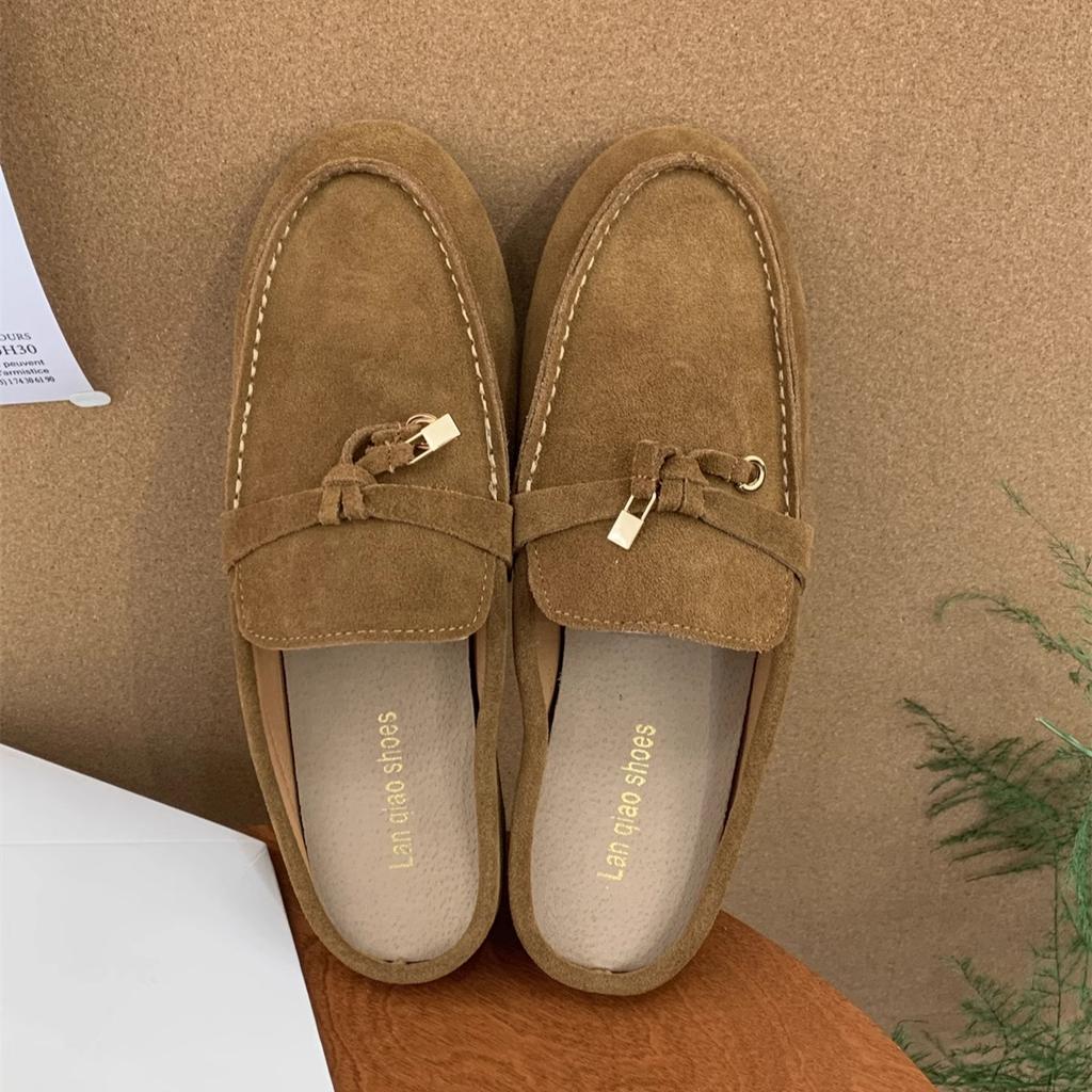Muller Slippers High Quality Luxury Loafers Suede Shoes Round Toe for Women Moccasins Comfortable Female Lazy Slip-on Fl