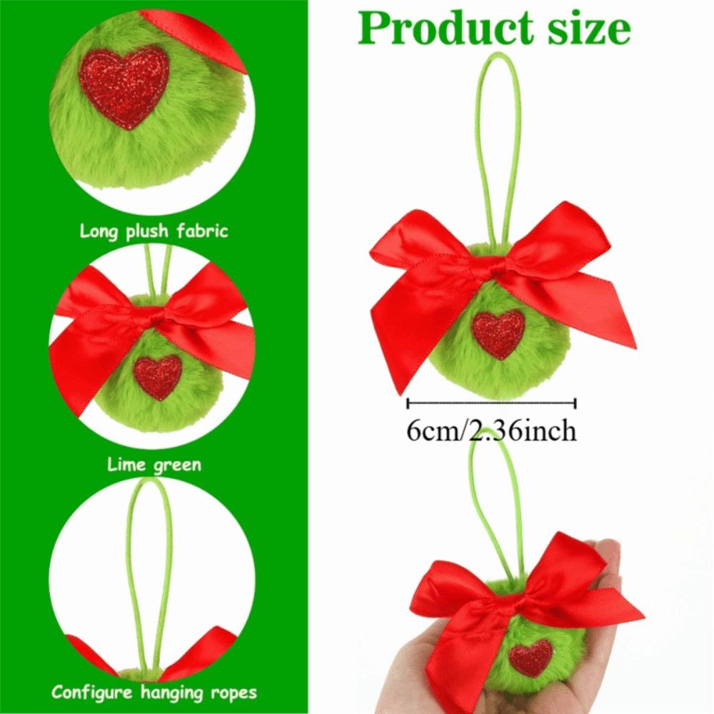 12Pcs Furry Christmas Green Elf Ball Soft DIY Green Christmas Balls 6cm with Bow and Heart Christmas Tree Hanging Decoration