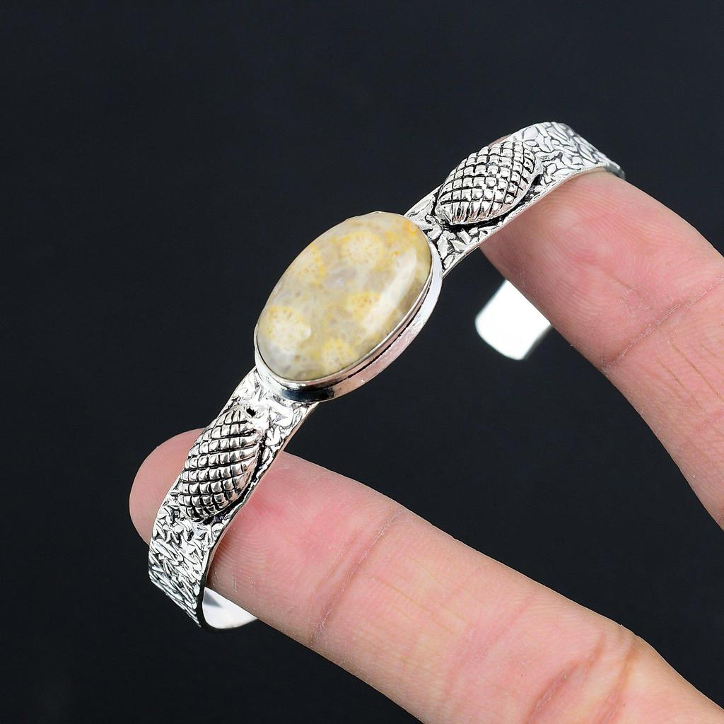 Распродажа ко Дню сестер Натуральный ископаемый коралл Стерлинговое серебро Модный новый браслет-бенгл