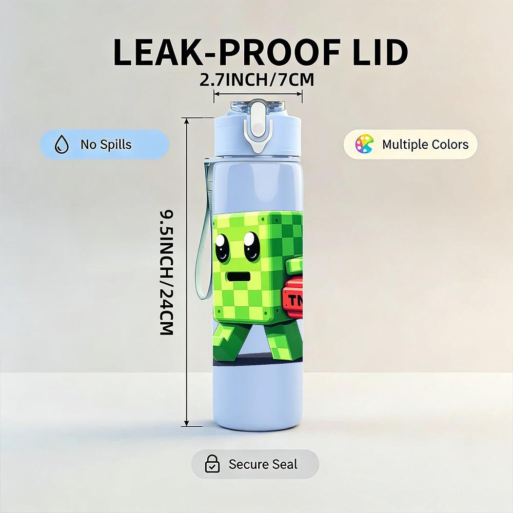 1PC Green Block Game Character Print 750ml Color Plastic Sports Water Bottle Leakproof Flip Straw Lid Suitable for Sports Office Home Use