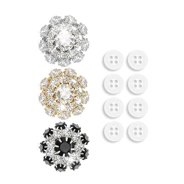 3Pcs Rhinestone Buttons Covers With 8Pcs Sewing Buttons Crystal Buttons Clip On Button Jewelry Women For Sewing Diy Craft Decor
