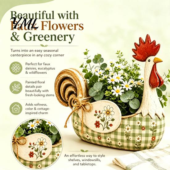 Farmhouse Utensil Holder Vintage Rooster Holder, Resin Chicken Kitchen Counter Organizer, Rustic Country Container Cooking Caddy, Floral Hen