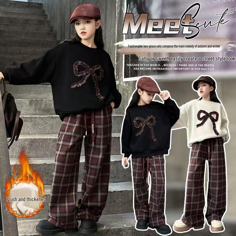 Модный клетчатый брючный костюм для девочек и толстовка с бантом - Осень/Зима 2025