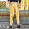 Men Performance Pants Drawstring Elastic Waist Ankle-banded with Pockets Glossy Surface Disco Trousers Stage Party Nightclub Cosplay Pants