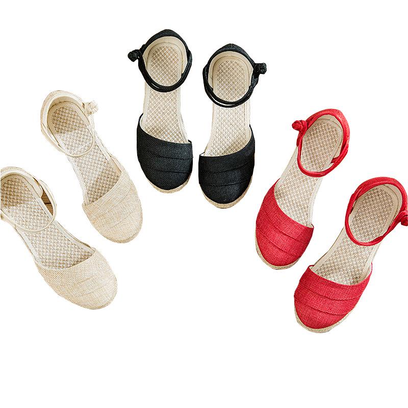 Women's Ethnic Style Summer Wedge Sandals - Breathable Linen with One-Strap Buckle and High Heel Design