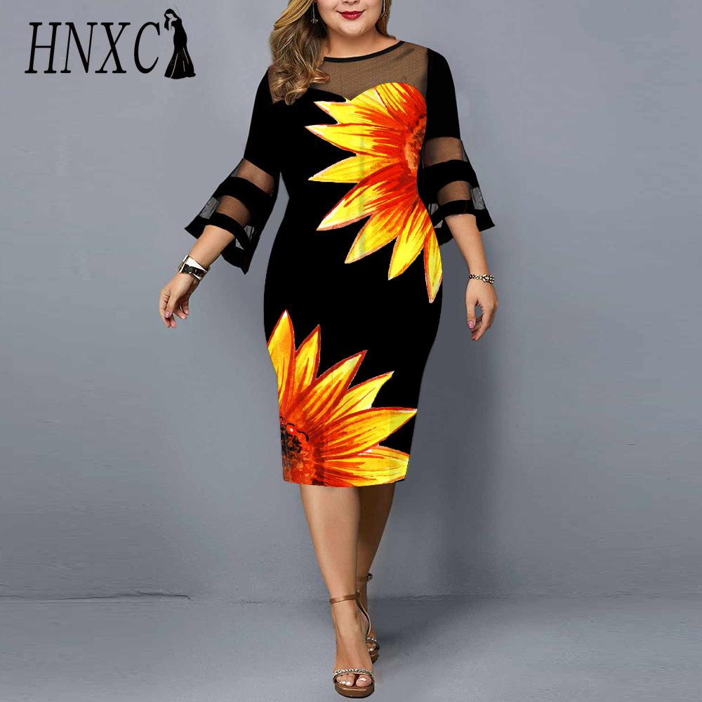 HNXC Женское облегающее платье с сетчатым принтом в стиле пэчворк, элегантное облегающее платье длиной до середины голени с расклешенными рукавами, свадебное платье для вечеринки