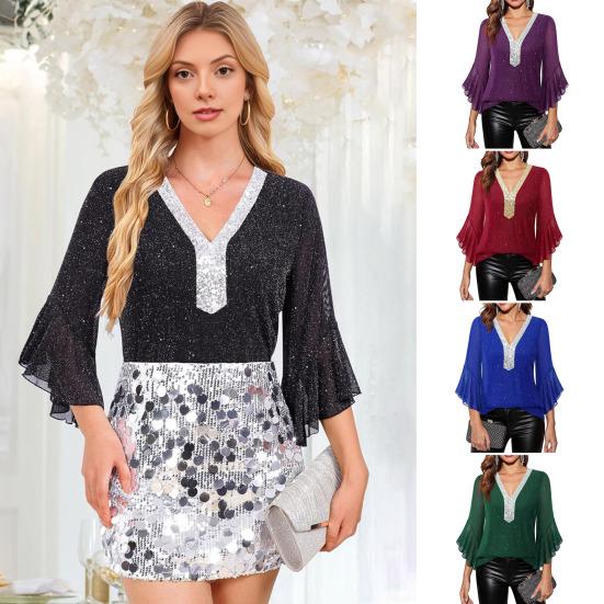 Женские топы с оборками и рукавами 3/4, блестящие, с пайетками, с V-образным вырезом, повседневные блузки, нарядные платья для осени и лета, с блестками, для свадьбы, для бизнеса, рабочие рубашки