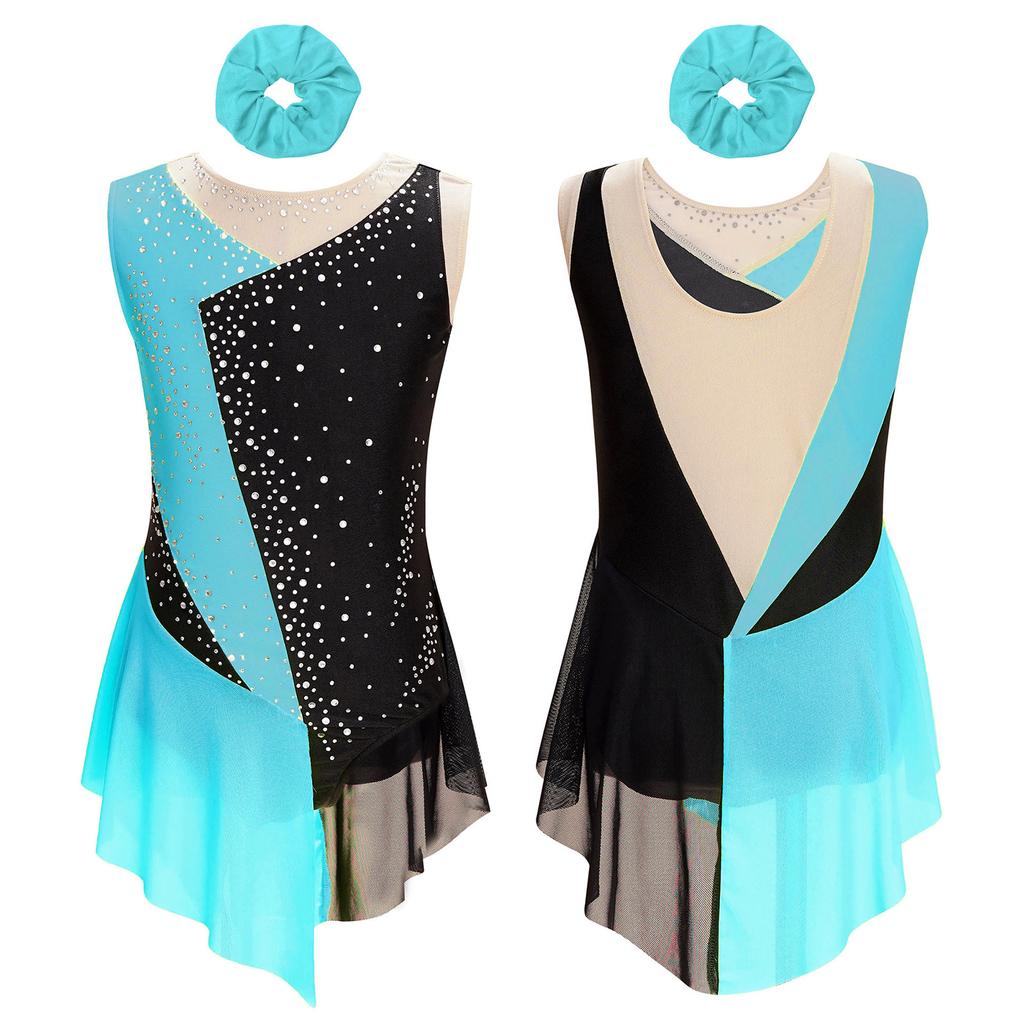 Костюм для девочек по фигурному катанию, блестящий купальник со стразами и цветными блоками, прозрачная сетка, пэчворк, художественная гимнастика, танцевальная одежда