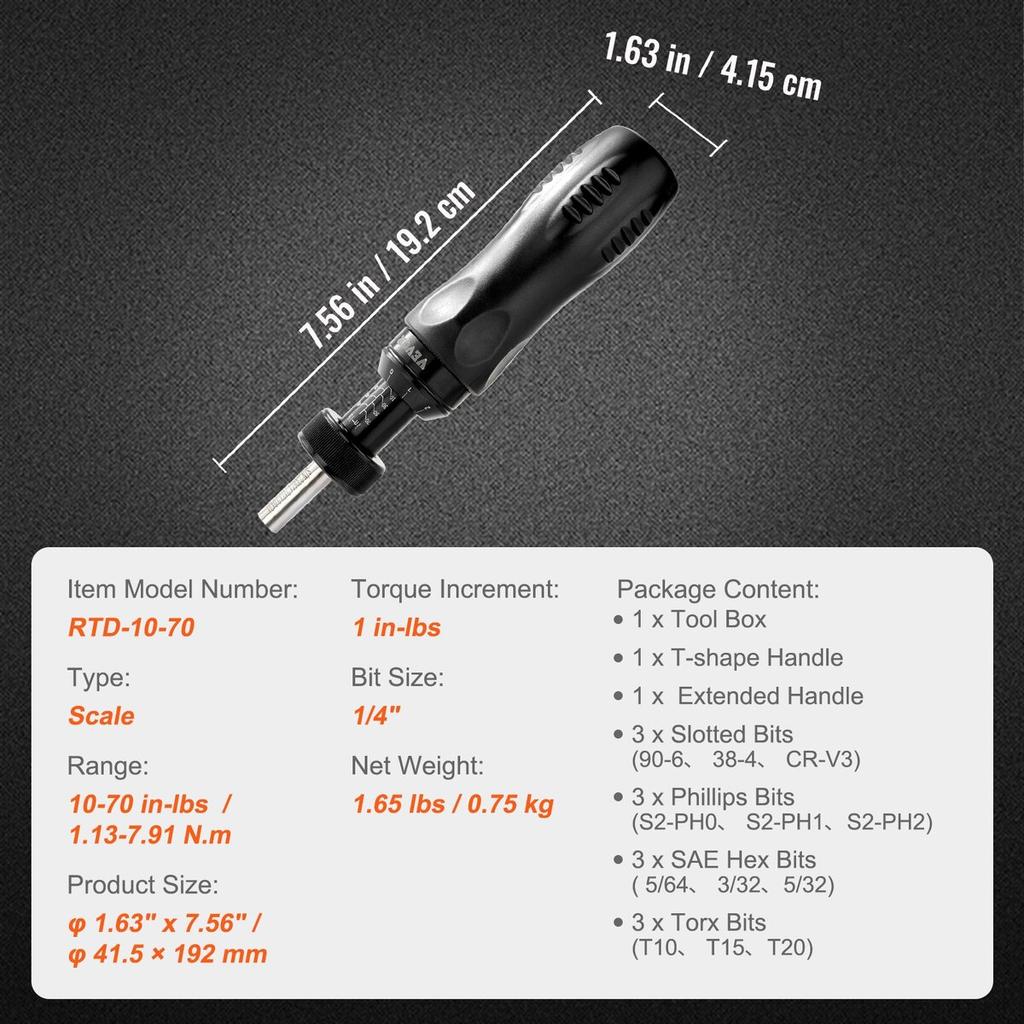 Adjustable Torque Screwdriver 1/4" Range 10-70 in/lb w/ 1 in-lb Increment
