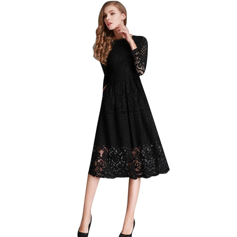 2025 Autumn Women's Lace Hollow Round Neck Slim Dress