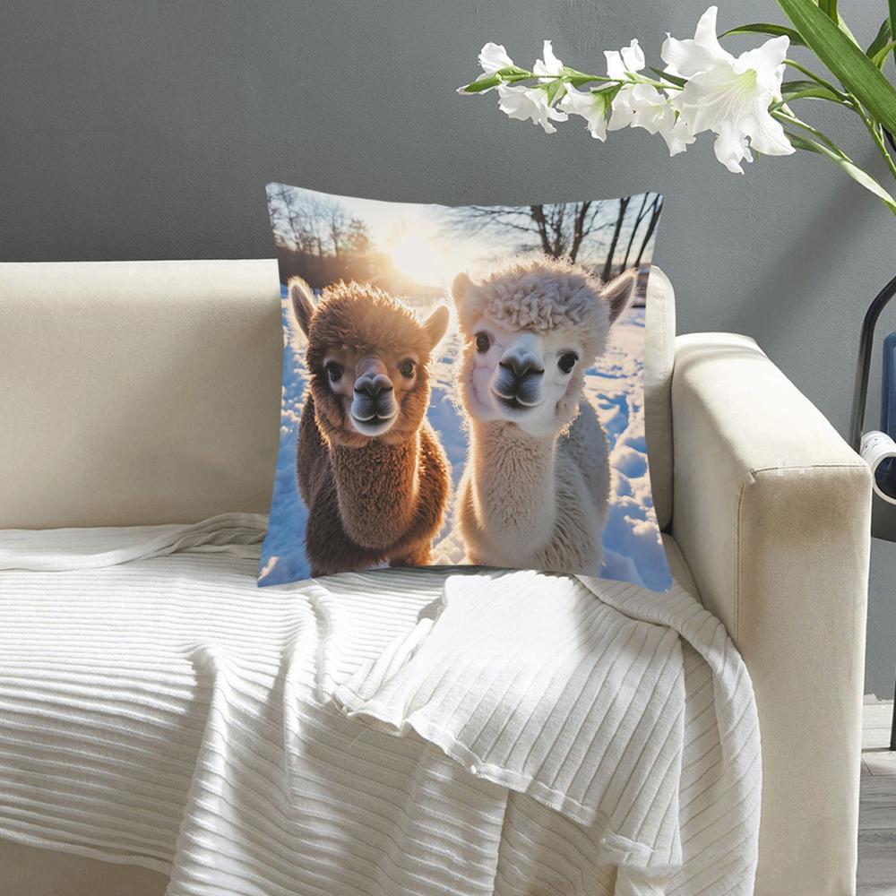 Cute Alpaca Couple Print Throw Pillow Cover, Adorable Farm Animal Decorative Cushion For Animal Lovers