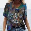 Футболка с v-образным вырезом, женская летняя повседневная рубашка оверсайз с принтом котов, топ с короткими рукавами, винтажная женская уличная одежда Y2k