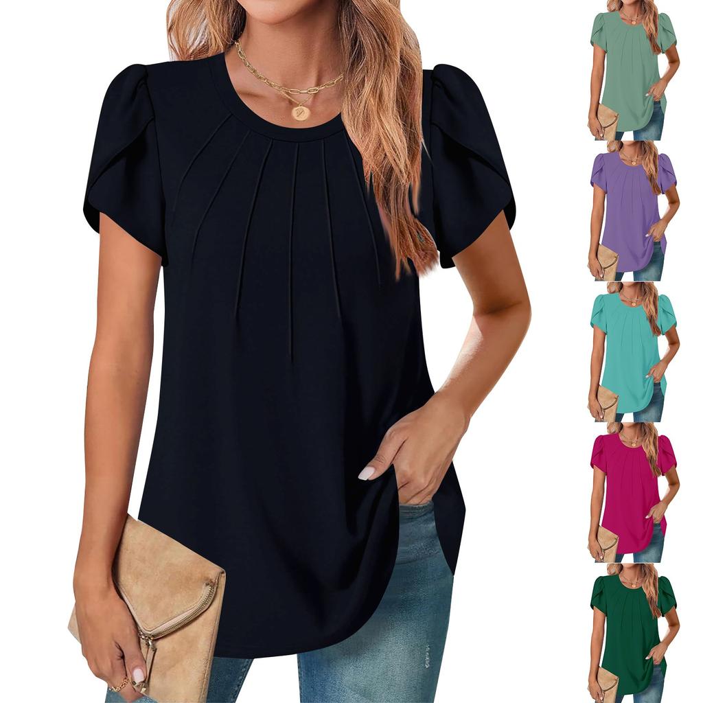 Women's Casual Round Neck Short Sleeve Chest Pleated Flap Sleeve Solid Color Top