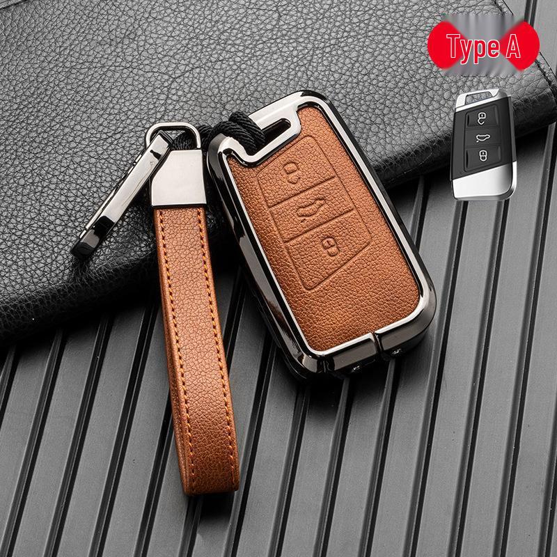 Volkswagen/Skoda Double-Sided Leather Zinc Alloy Car Key Case - Non-Signal Blocking, Full-Wrap Design