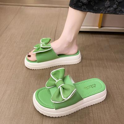 Мода с бантом Лето 2024 Шлепанцы с открытым носком Зеленые Женские тапочки и Женские сандалии Обувь Мягкий Корейский стиль Нескользящий ПВХ F B Обувь W Y