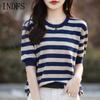 INDFS Women's Fashion Casual Summer Spring Stripe Print Short Sleeve O-Neck Blouses & Shirts