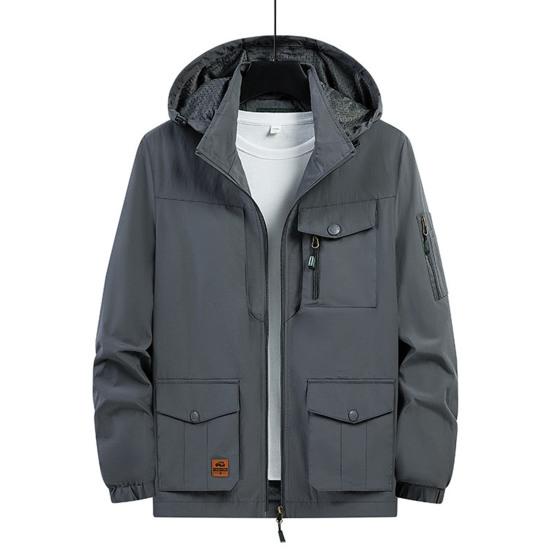 Men Fall Winter Jacket Waterproof Multi Pocket Hooded Long Sleeve Solid Color Soft Loose Smooth Zipper Closure Detachable Hat Streetwear Outdoor