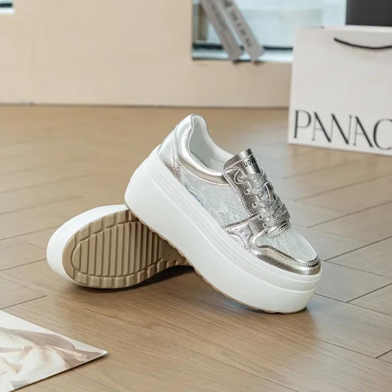 Мода 8см Новые Женские Кружевные Массивные Кроссовки Мода Летние Полые Платформа Танкетка Балетки Удобные Ботильоны Обувь Воздушная Сетка Кожа Натуральная