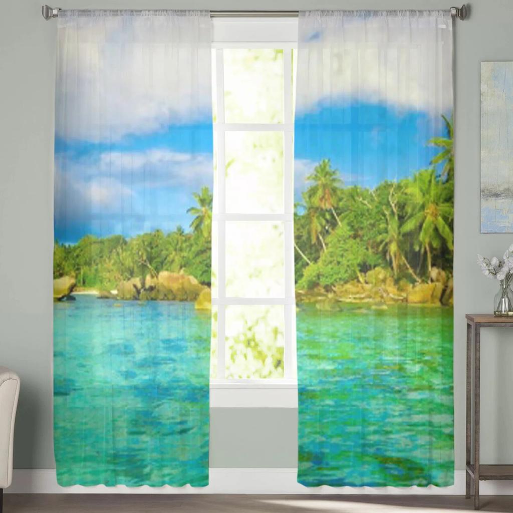 Пальмы на пляже, прозрачные шторы для гостиной, детская спальня, тюлевые шторы, кухонные шторы для окон
