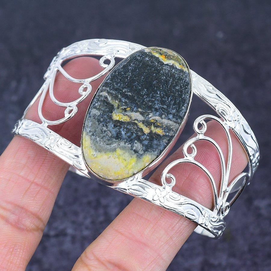 Натуральный камень Яшма Шмель Серебро 925 пробы Манжета-браслет Регулируемый s3w24